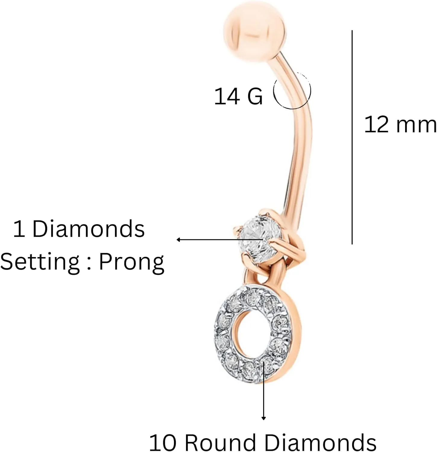 14k Solid Gold Belly Button, Externally Threaded Navel Ring, Round Diamond Barbell Belly Bar, Gifts For Her.