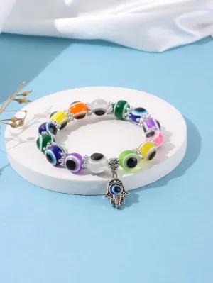 1pc Vintage Evil Eye Colorful Beaded Elastic Bracelet Hamsa Hand Bracelet
