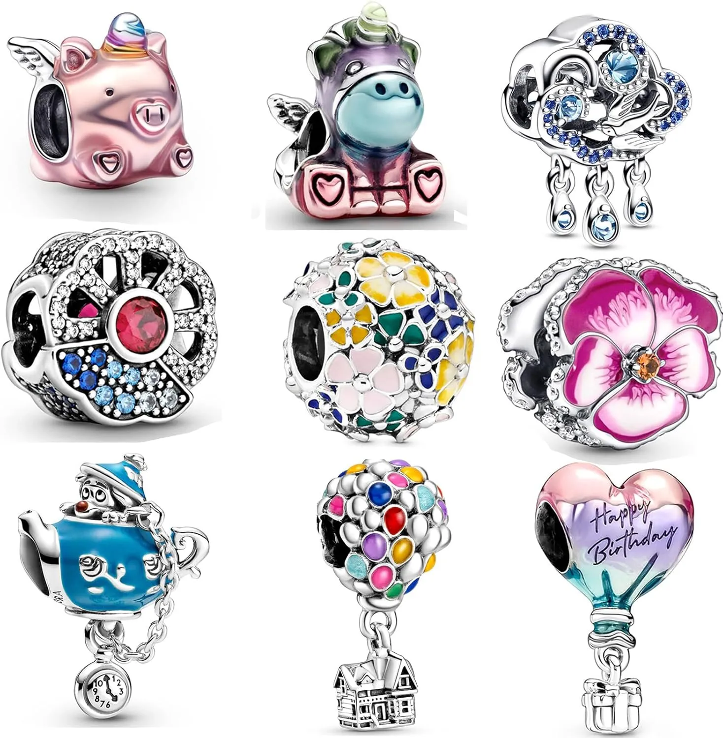 9 Pack Silver Spacer Beads Charms fit Pandora Bracelet, Heart Beads DIY Jewelry Gifts Women