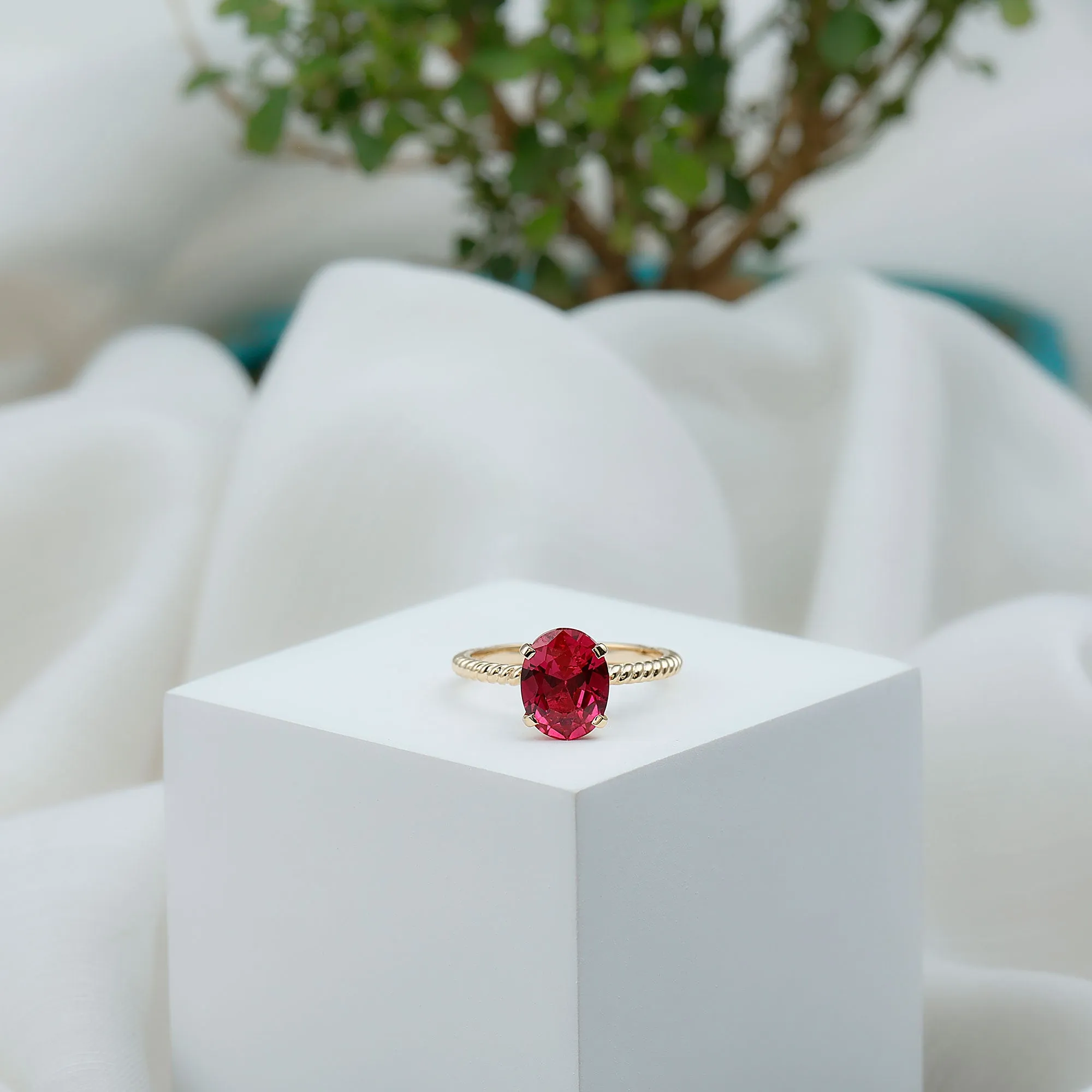 Created Ruby Solitaire Ring with Surprise Diamond and Twisted Rope