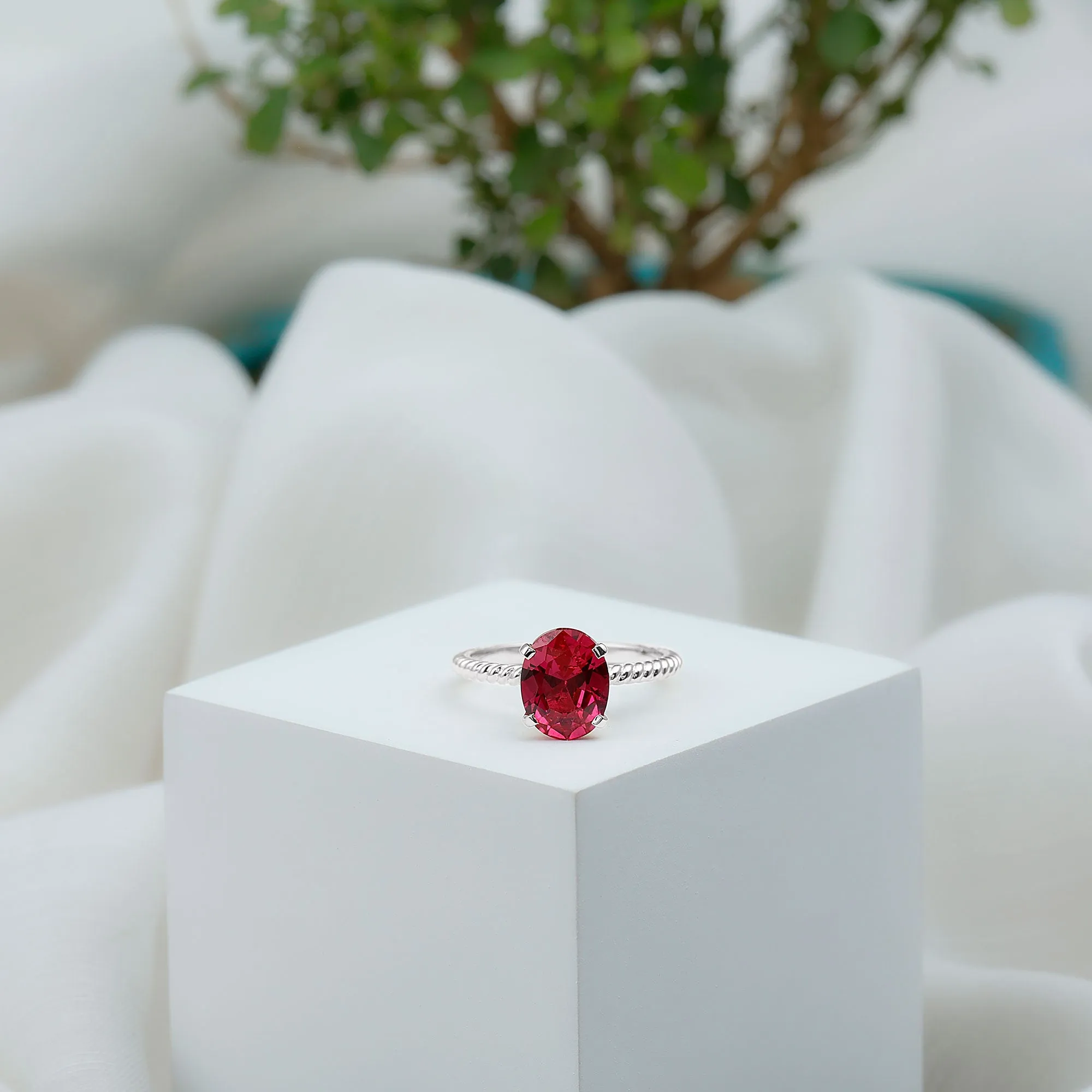 Created Ruby Solitaire Ring with Surprise Diamond and Twisted Rope