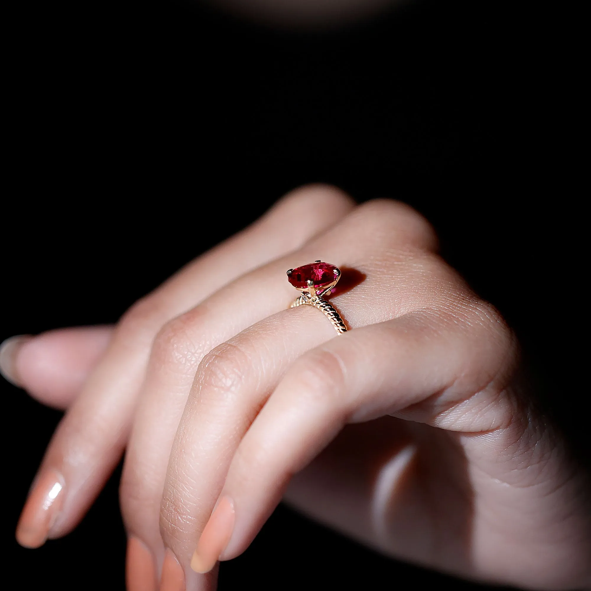 Created Ruby Solitaire Ring with Surprise Diamond and Twisted Rope
