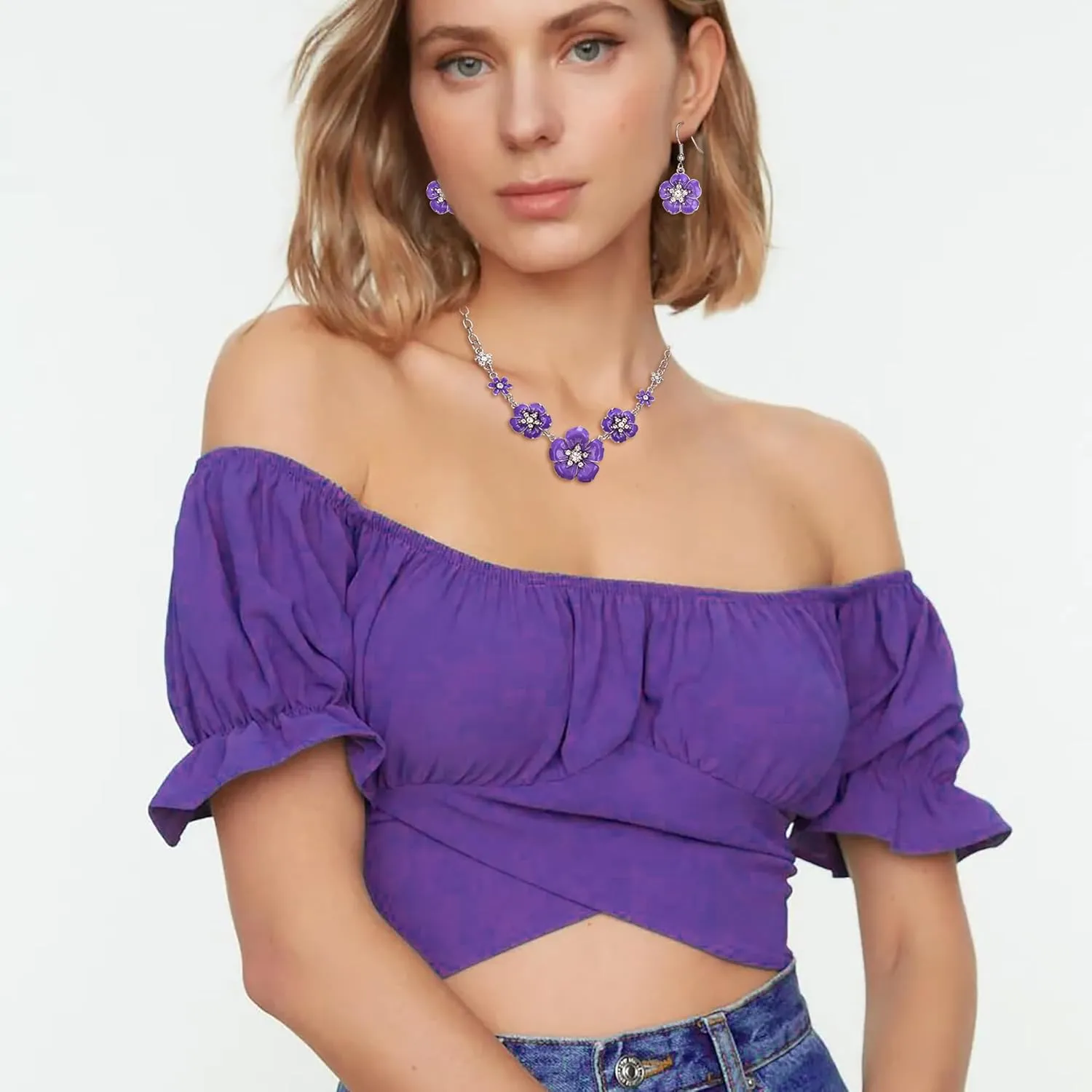 Crysdue Flower Collar Necklace Earrings Set, Floral Statement Summer Beach Chokers Necklaces Jewelry for Women