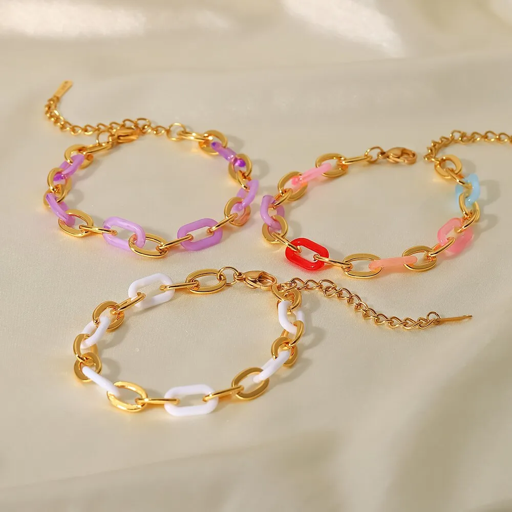 Dainty 18K Gold Plated Stainless Steel Charm Jewelry Gift Rectangle Chain Resin Colorful Bracelet for Women