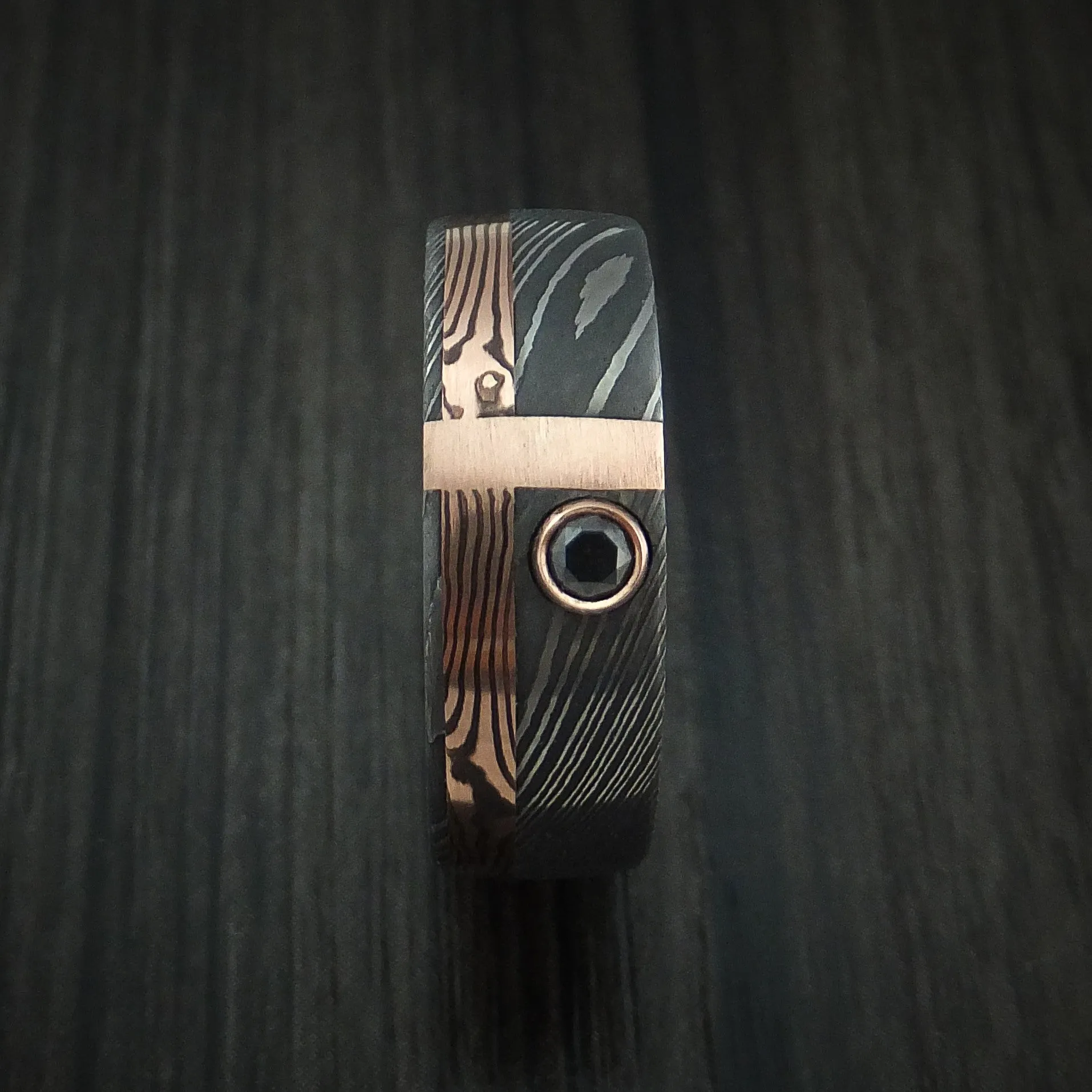 Damascus and Rose Gold Mokume Gane Shakudo and 14K Rose Gold Inlay with Black Diamond Custom Made Men's Band
