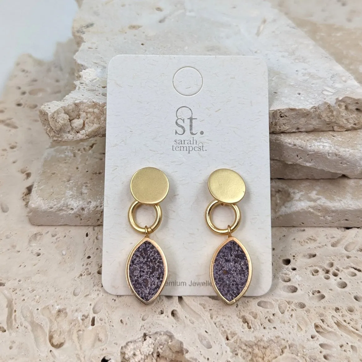 Dangle earrings with disc post and special resin filled drop