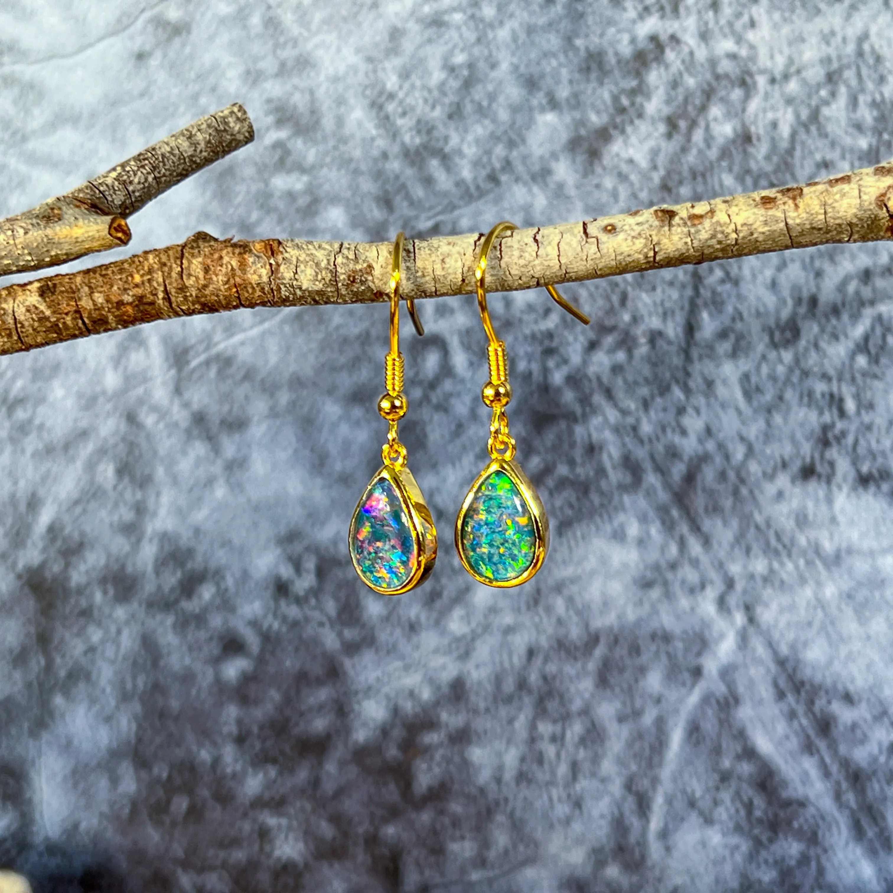 Gold Plated Silver dangling pearshape 9x7mm Opal triplet earrings dangling