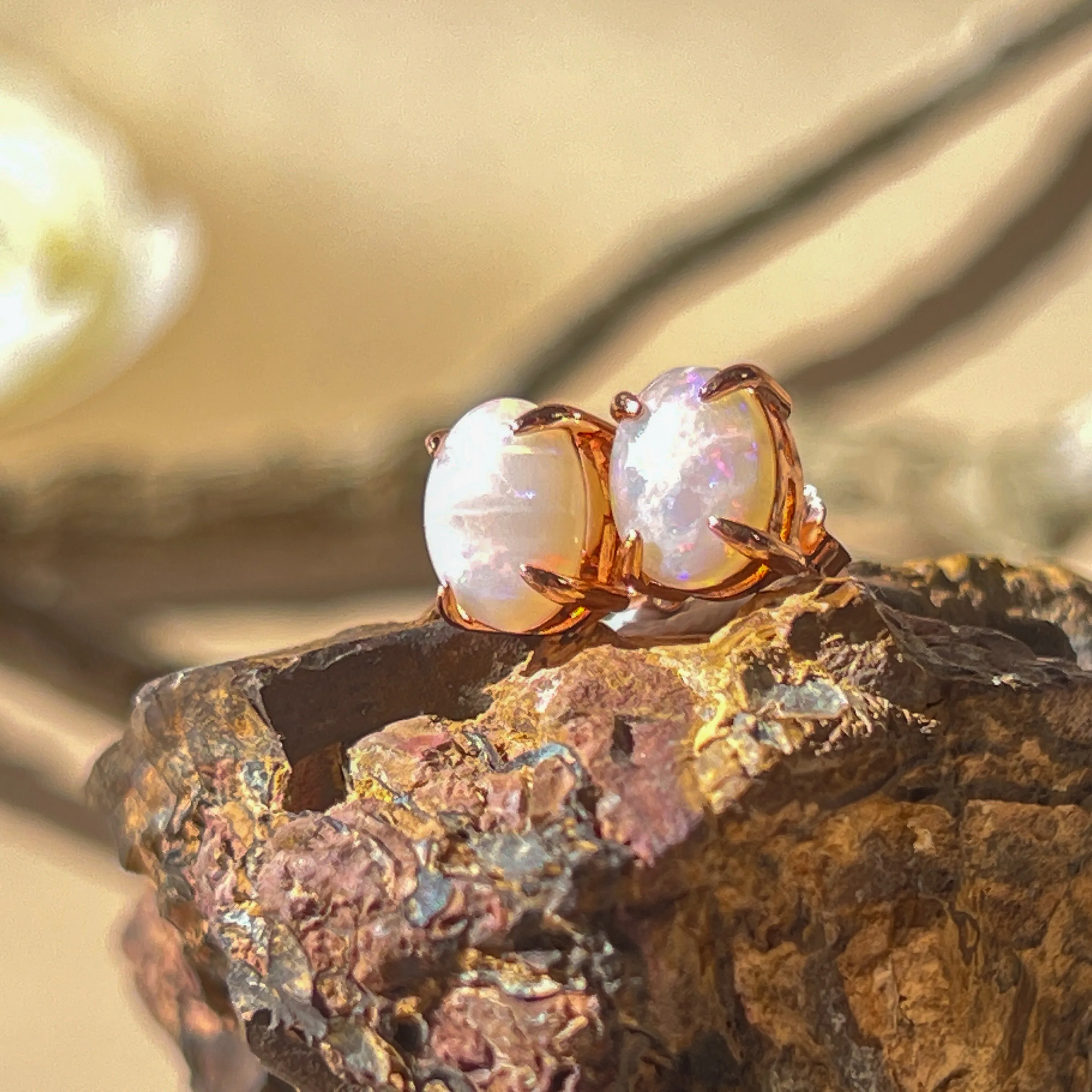 Handmade Opal Stud Earrings - Rose Gold/Silver | Dainty & Minimalist | Cute Gift for Her | Crystal & Fire Opal Jewelry 9x7mm