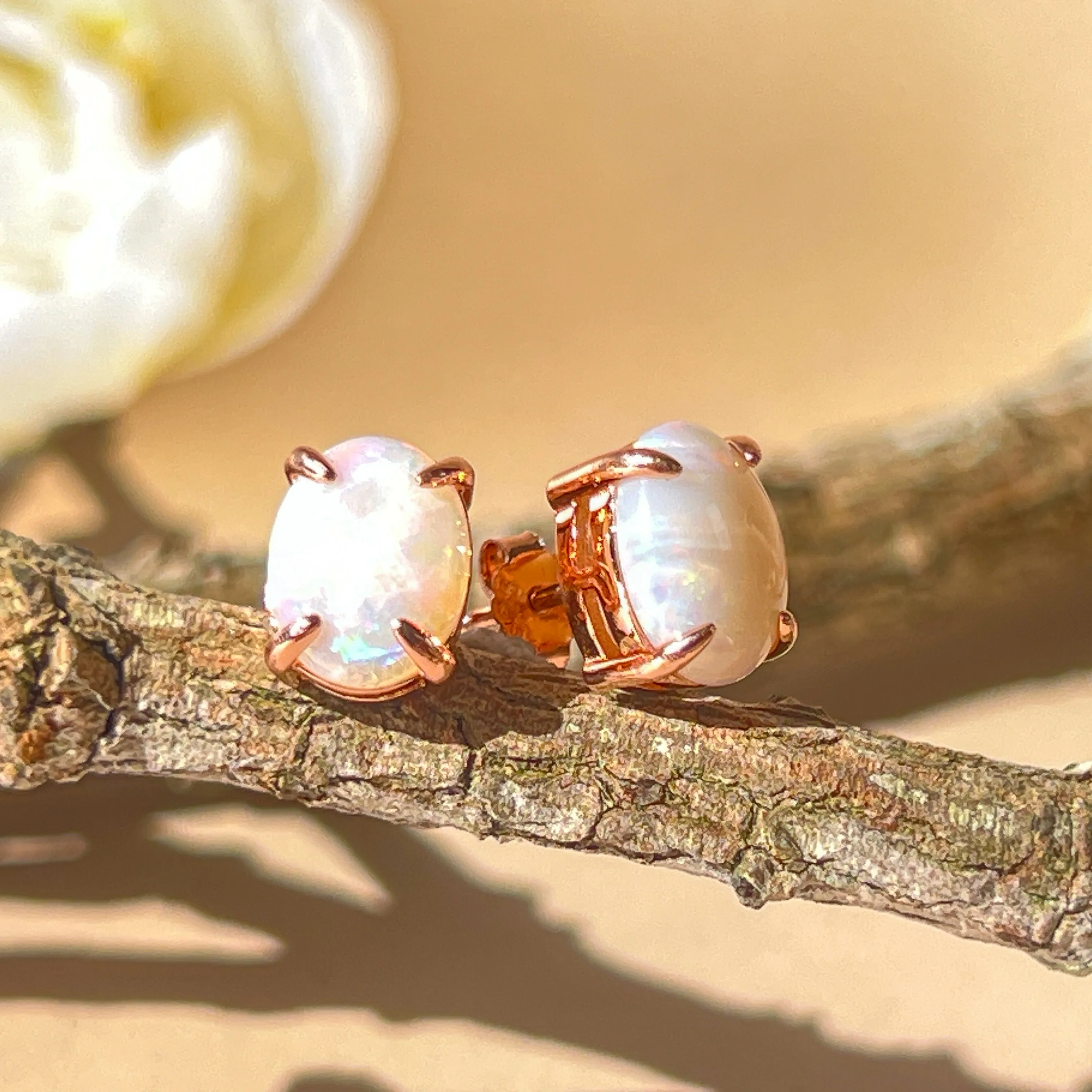 Handmade Opal Stud Earrings - Rose Gold/Silver | Dainty & Minimalist | Cute Gift for Her | Crystal & Fire Opal Jewelry 9x7mm