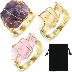 Hicarer Chakra Crystal Ring Healing Wire Wrapped Irregular Adjustable Crystal Gemstone Rings Jewelry