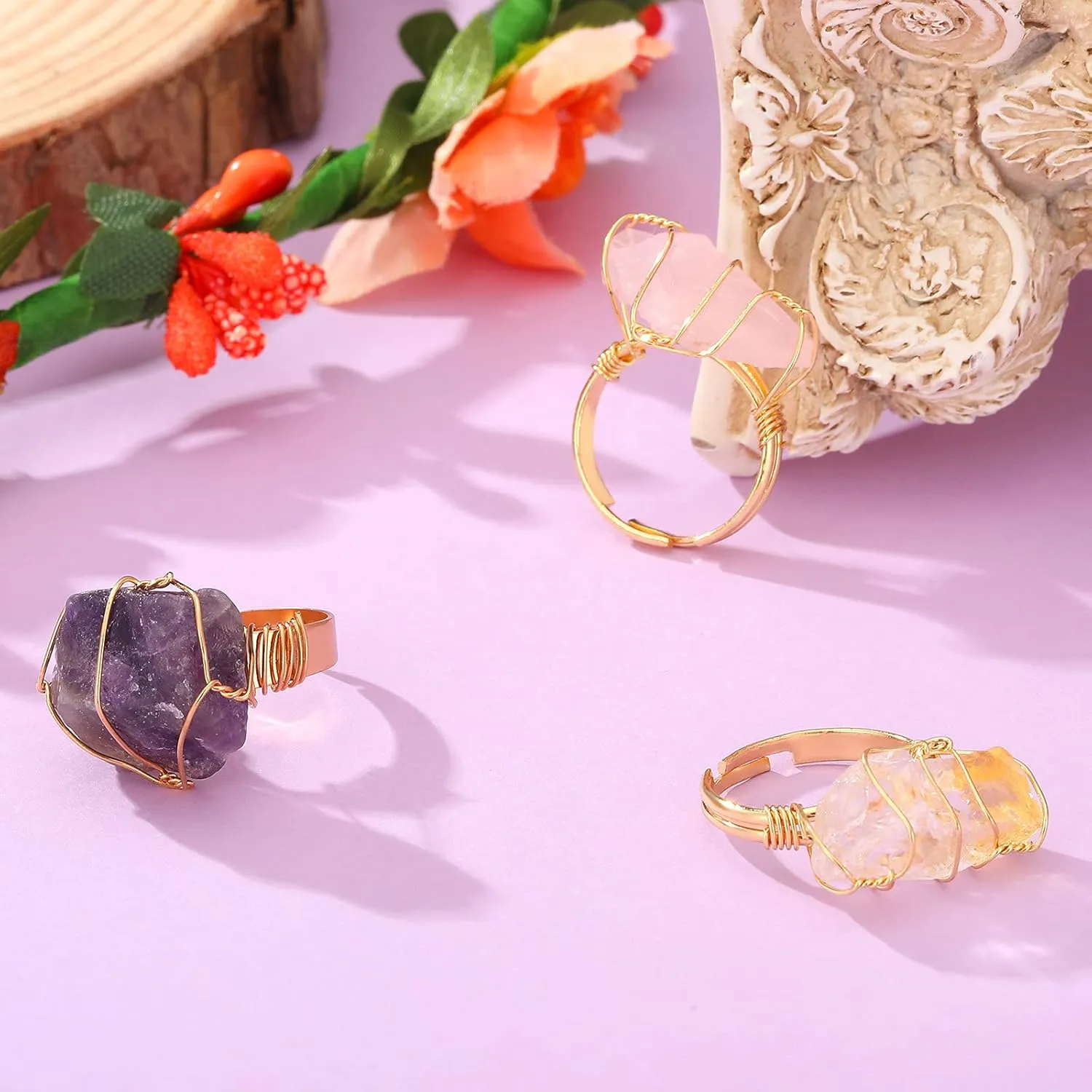 Hicarer Chakra Crystal Ring Healing Wire Wrapped Irregular Adjustable Crystal Gemstone Rings Jewelry