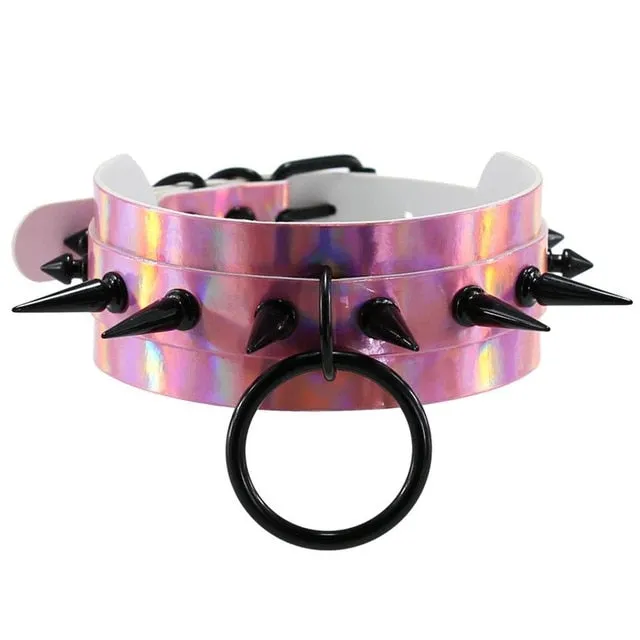 'Hollow Ground' Holographic Black Spike Choker (4 colors)