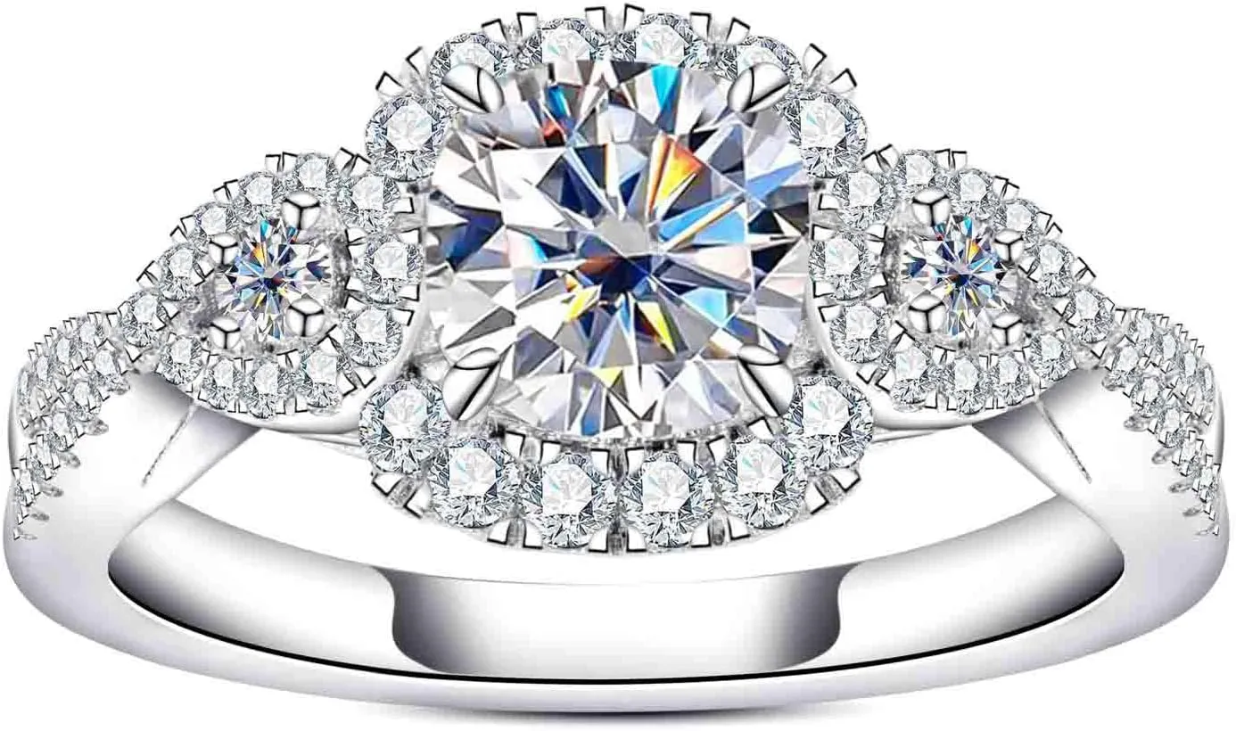 Moissanite Engagement Rings 1.4-2.2cttw D Color VVS1 Clarity Round Brilliant Cut 925 Sterling Silver 3 Stones Anniversary Promise Wedding Rings for Women with Certificate