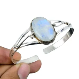 Natural Moonstone Silver Bangle, Handmade Bangle Bracelet, Stackable Bangle, Vintage Cuff Bangle, Oval Moonstone Bracelet, Gift For Wife, Delicate Cuff Bangle, Charismas Day Gift