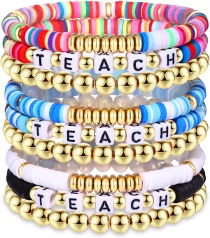 NLCAC 9 Pack Heishi Teacher Bracelets Stackable Rainbow Heishi Teach Beaded Stretchy Bracelet Preppy Jewelry Back to School Teacher Appreciation Gifts