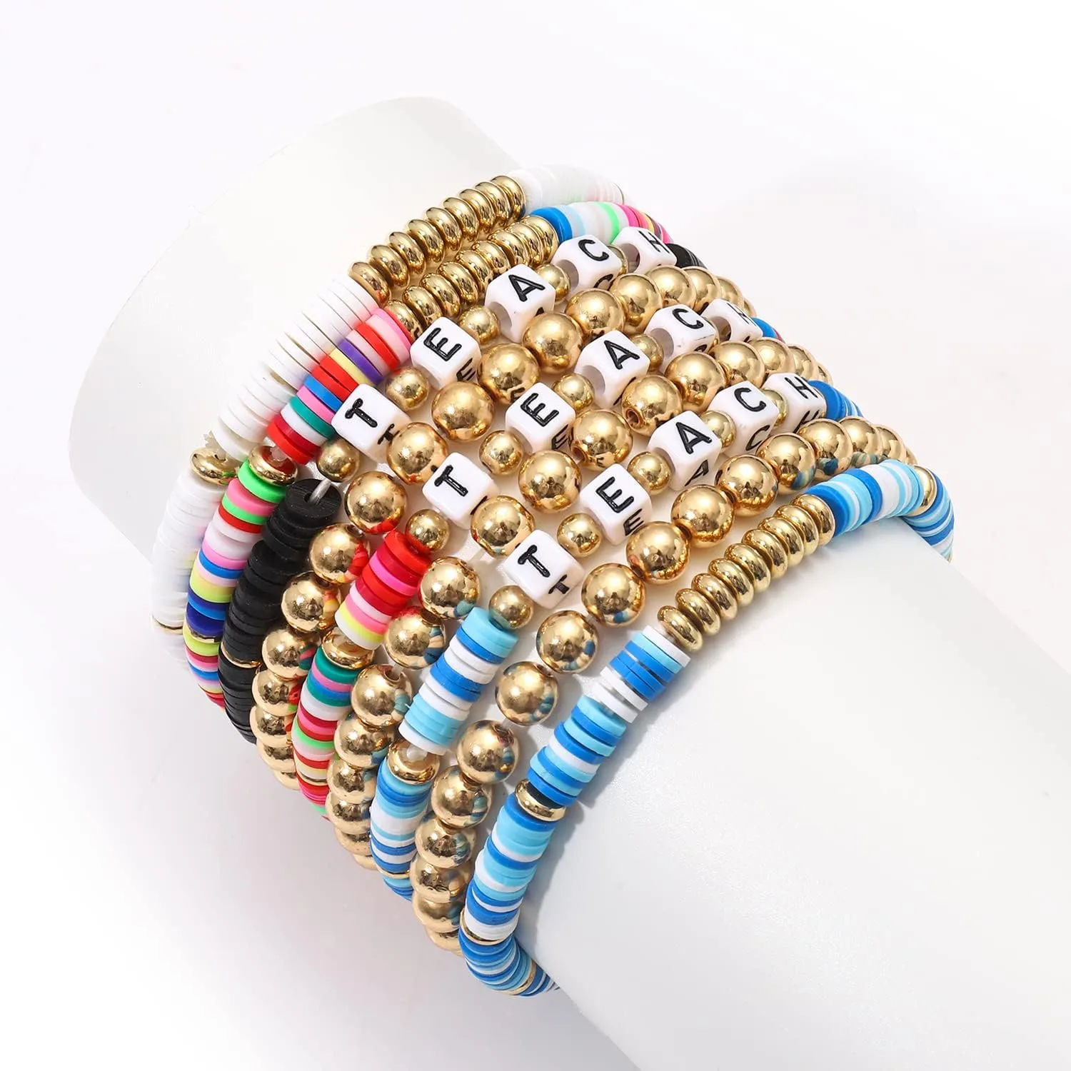 NLCAC 9 Pack Heishi Teacher Bracelets Stackable Rainbow Heishi Teach Beaded Stretchy Bracelet Preppy Jewelry Back to School Teacher Appreciation Gifts