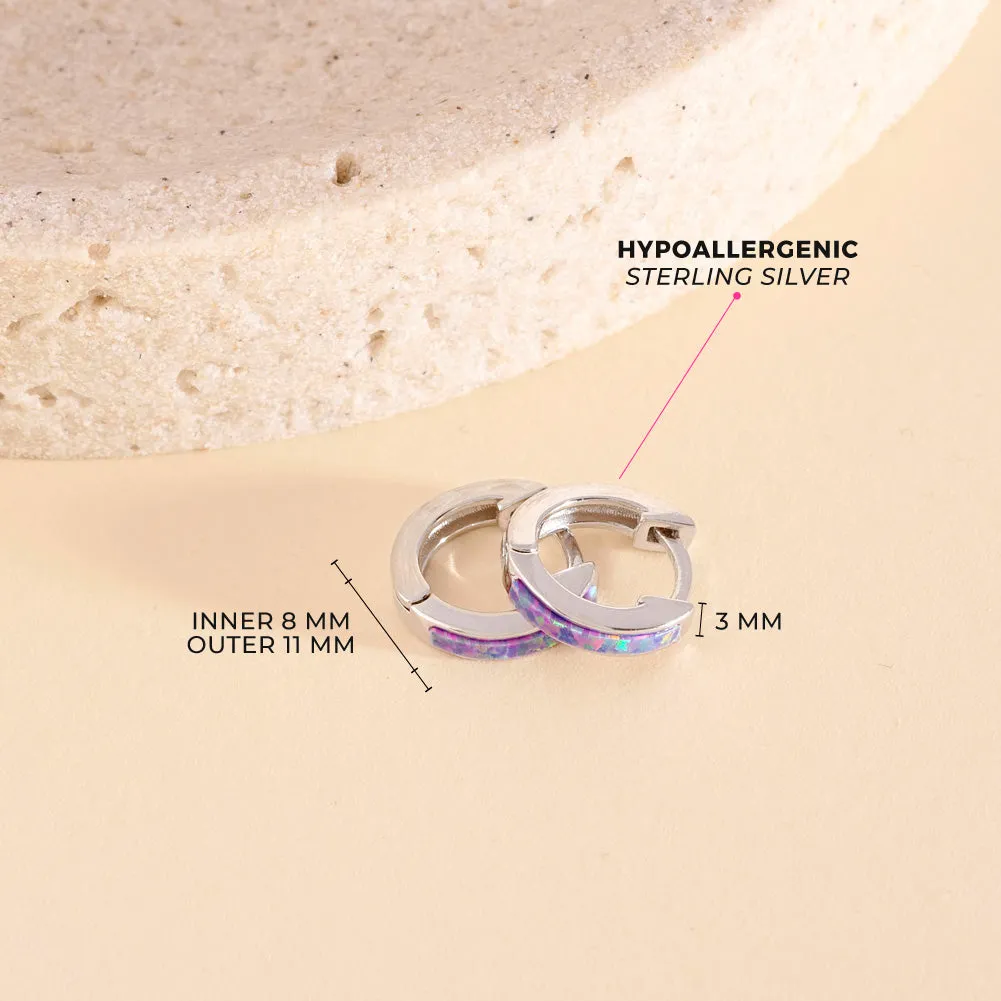 Opal Inlay Huggie Hoop Earrings 8mm - Sterling Silver