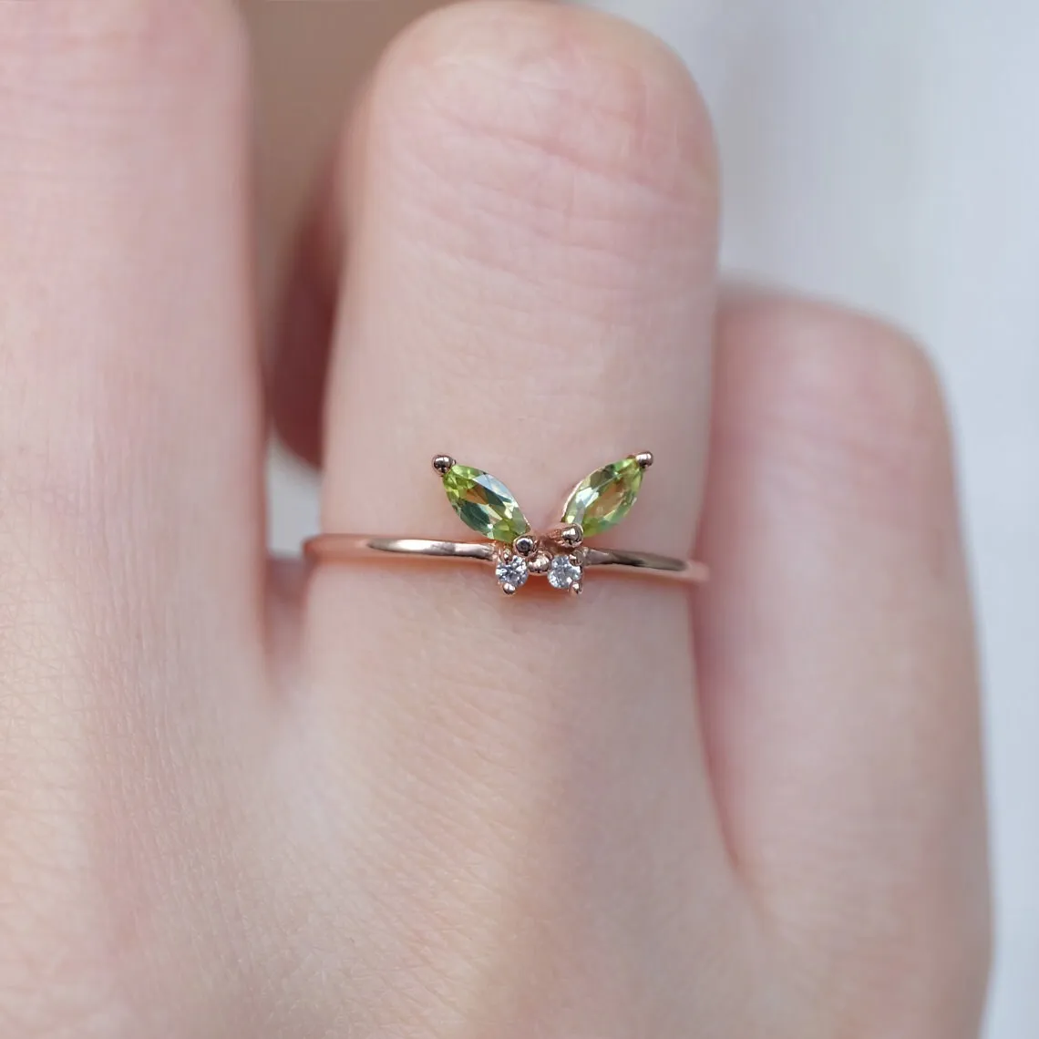 Peridot Butterfly Rings - 14k Rose Gold Vermeil Rings - Peridot Promise Rings