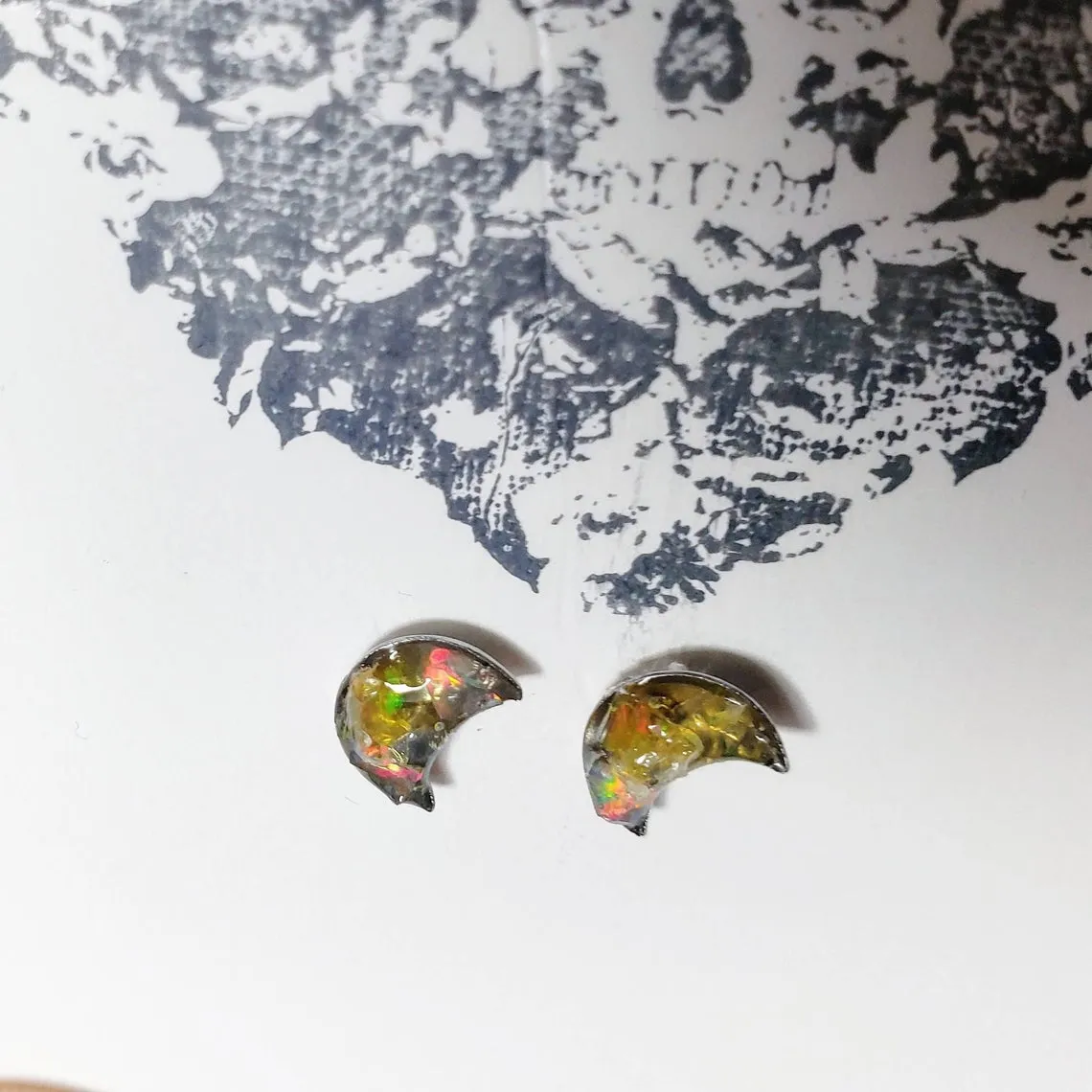 Raw opal moon stud earrings