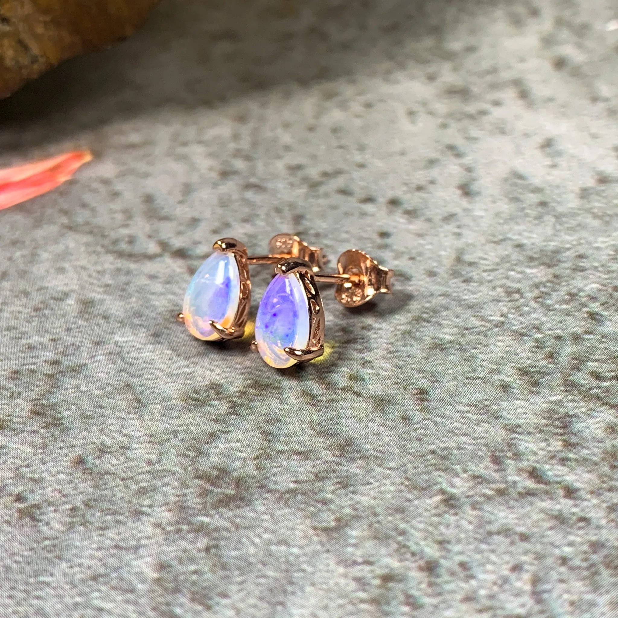 Rose Gold plated silver 8x5mm Pear shape White Opal studs