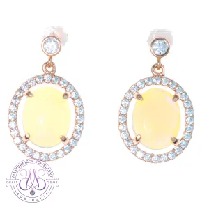 Rose Gold plated Sterling Silver dangling halo earrings 10x8mm White opals