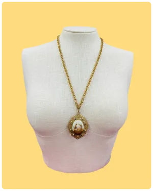 Vintage Large Goldtone Ceramic Portrait Pendant Locket