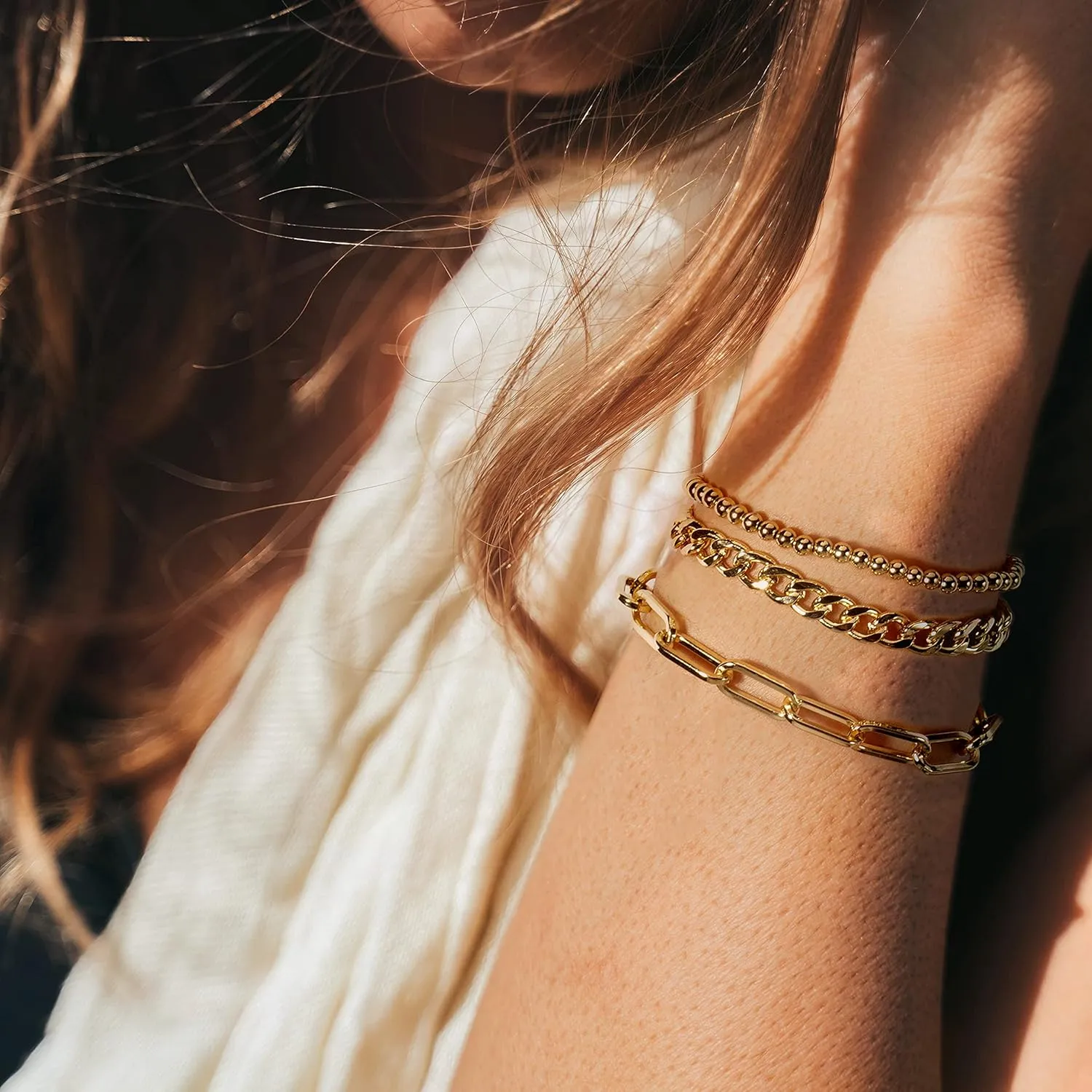 Waterproof Gold Chain Bracelet For Women Non Tarnish,14K Gold Plated Stainless Steel Link Dainty Bracelets Stake Layered Bracelet Set Hypoallergen Gold Jewelry