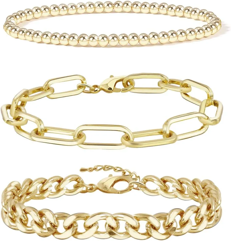 Waterproof Gold Chain Bracelet For Women Non Tarnish,14K Gold Plated Stainless Steel Link Dainty Bracelets Stake Layered Bracelet Set Hypoallergen Gold Jewelry